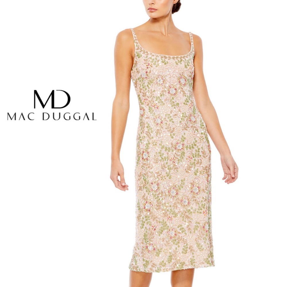 Mac Duggal Floral Beaded Cocktail Sheath Dress
